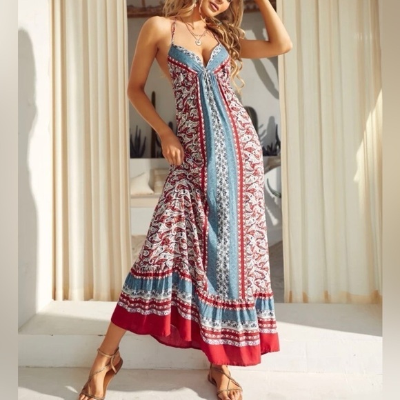 Bohemian Babe Casual Halter Backless Cami Classy Vacation Maxi Dress - Picture 1 of 6